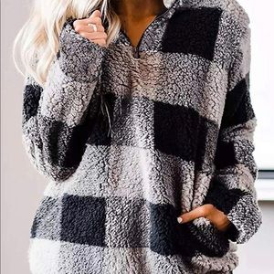 MEROKEETY Women's Plaid Sherpa Fleece Zip Sweatshirt Long Sleeve Pullover Jacket